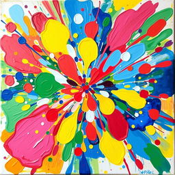 A vibrant and clear abstract painting featuring a burst of colorful shapes and patterns, blending hues of blue, red, yellow, and green in a harmonious yet dynamic composition