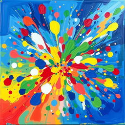 A vibrant and clear abstract painting featuring a burst of colorful shapes and patterns, blending hues of blue, red, yellow, and green in a harmonious yet dynamic composition