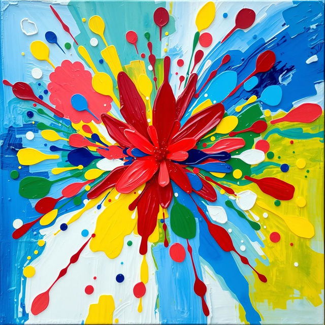 A vibrant and clear abstract painting featuring a burst of colorful shapes and patterns, blending hues of blue, red, yellow, and green in a harmonious yet dynamic composition