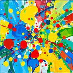 A vibrant and clear abstract painting featuring a burst of colorful shapes and patterns, blending hues of blue, red, yellow, and green in a harmonious yet dynamic composition