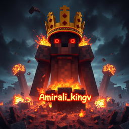 An imposing figure of Herobrine wearing a Minecraft crown, surrounded by destruction in a Minecraft landscape featuring shattered blocks and fiery explosions