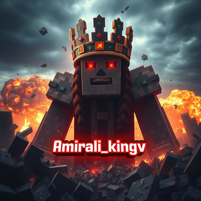 An imposing figure of Herobrine wearing a Minecraft crown, surrounded by destruction in a Minecraft landscape featuring shattered blocks and fiery explosions