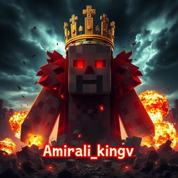 An imposing figure of Herobrine wearing a Minecraft crown, surrounded by destruction in a Minecraft landscape featuring shattered blocks and fiery explosions