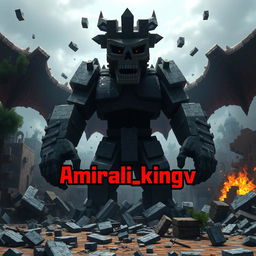 A powerful Herobrine from Minecraft, depicted as a formidable and eerie figure standing amidst a scene of devastation, with blocks and structures crumbling around him