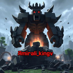 A powerful Herobrine from Minecraft, depicted as a formidable and eerie figure standing amidst a scene of devastation, with blocks and structures crumbling around him
