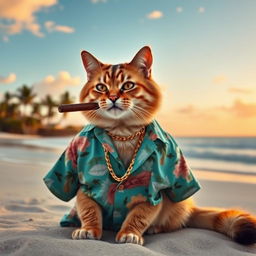 A stylish cat wearing an open Hawaiian shirt, adorned with a gold chain, sitting on the beach, smoking a cigar