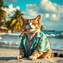 A stylish cat wearing an open Hawaiian shirt, adorned with a gold chain, sitting on the beach, smoking a cigar