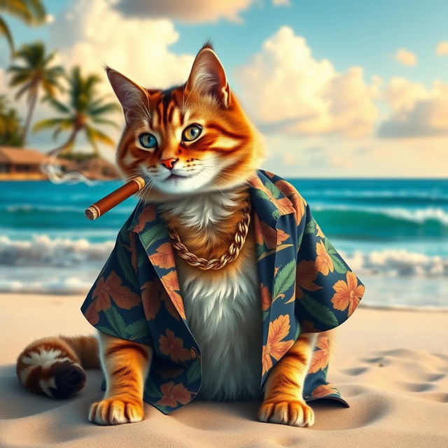 A stylish cat wearing an open Hawaiian shirt, adorned with a gold chain, sitting on the beach, smoking a cigar