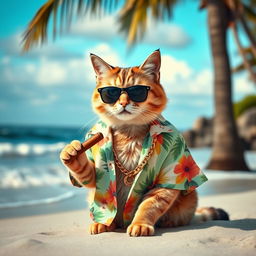 A stylish cat wearing an open Hawaiian shirt, adorned with a gold chain, sitting on the beach, smoking a cigar