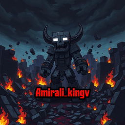 A Minecraft-themed Herobrine character that embodies chaos and destruction, wreaking havoc in a blocky landscape