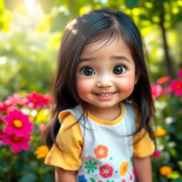 A short girl with a round, slightly chubby face, big expressive black eyes, and long black hair that cascades around her shoulders