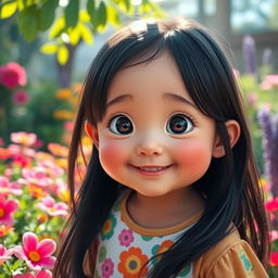 A short girl with a round, slightly chubby face, big expressive black eyes, and long black hair that cascades around her shoulders