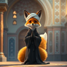 A fox dressed in a traditional Iranian clerical outfit, standing gracefully in a prayer position, with a serene expression