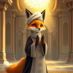A fox dressed in a traditional Iranian clerical outfit, standing gracefully in a prayer position, with a serene expression