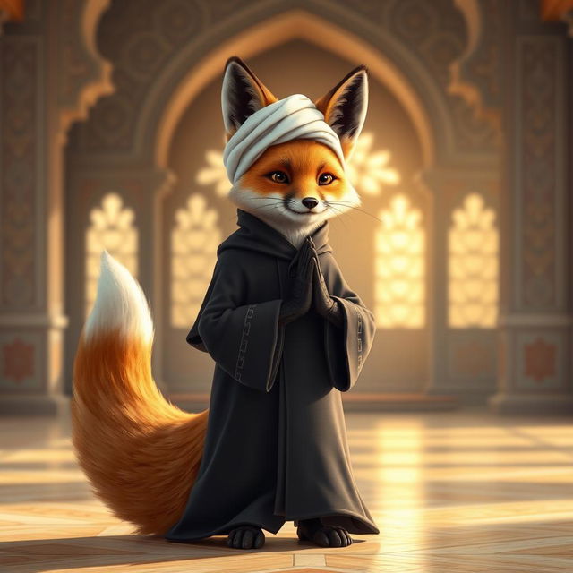 A fox dressed in a traditional Iranian clerical outfit, standing gracefully in a prayer position, with a serene expression