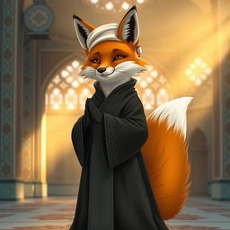 A fox dressed in a traditional Iranian clerical outfit, standing gracefully in a prayer position, with a serene expression