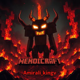 An artistic depiction of Herobrine from Minecraft, surrounded by fiery landscapes and dark, ominous structures characteristic of Hell