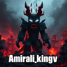 An artistic depiction of Herobrine from Minecraft, surrounded by fiery landscapes and dark, ominous structures characteristic of Hell