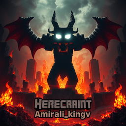 An artistic depiction of Herobrine from Minecraft, surrounded by fiery landscapes and dark, ominous structures characteristic of Hell