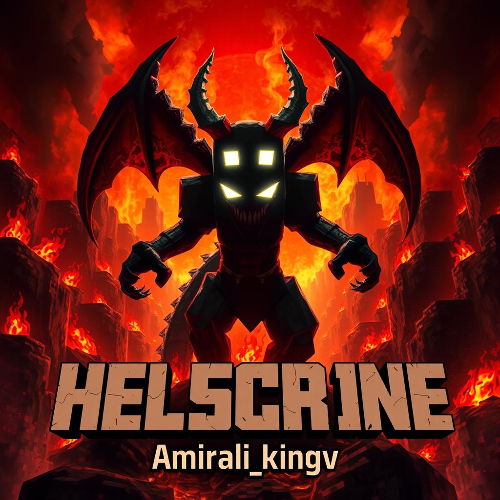 An artistic depiction of Herobrine from Minecraft, surrounded by fiery landscapes and dark, ominous structures characteristic of Hell