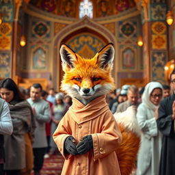A fox dressed in a traditional Iranian clerical outfit, standing in prayer with a focused expression, surrounded by a crowd of people also praying behind it