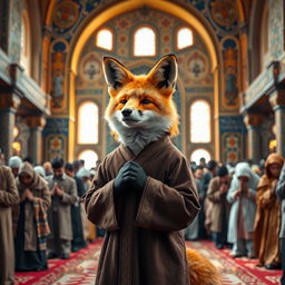 A fox dressed in a traditional Iranian clerical outfit, standing in prayer with a focused expression, surrounded by a crowd of people also praying behind it
