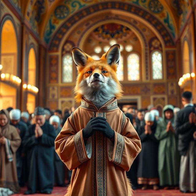 A fox dressed in a traditional Iranian clerical outfit, standing in prayer with a focused expression, surrounded by a crowd of people also praying behind it