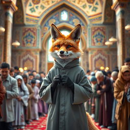 A fox dressed in a traditional Iranian clerical outfit, standing in prayer with a focused expression, surrounded by a crowd of people also praying behind it