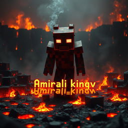 A detailed image of Herobrine from Minecraft standing in a hellish environment
