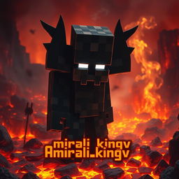 A detailed image of Herobrine from Minecraft standing in a hellish environment