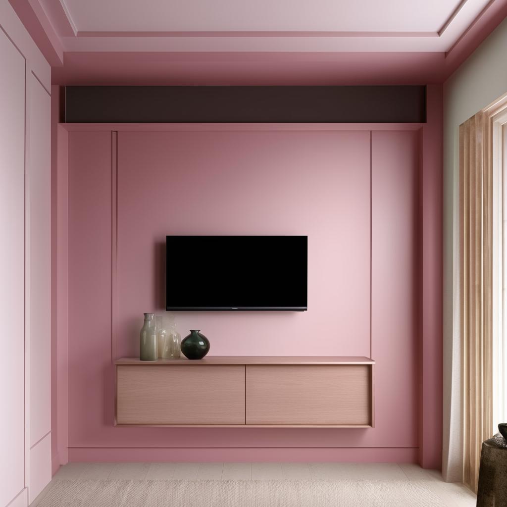 Render an interior with a size of 15' x11' feet wall featuring two doors positioned at the left corner and a television unit centered on the wall.