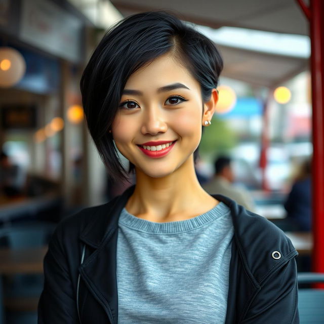 A 27-year-old woman with a short stature, a round face, and striking black hair and eyes