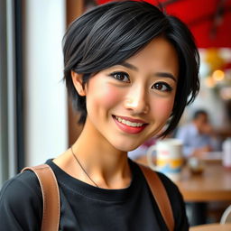 A 27-year-old woman with a short stature, a round face, and striking black hair and eyes