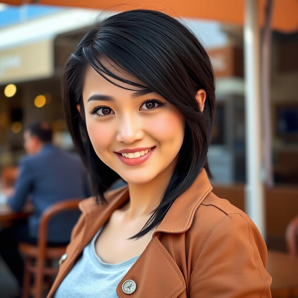 A 27-year-old woman with a short stature, a round face, and striking black hair and eyes