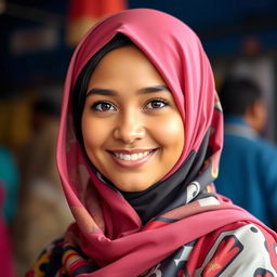 A 27-year-old woman with a short stature, a slightly round face, and striking black hair and eyes, modestly dressed in a traditional hijab