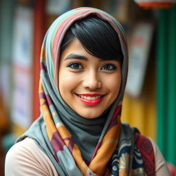 A 27-year-old woman with a short stature, a slightly round face, and striking black hair and eyes, modestly dressed in a traditional hijab