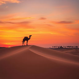 A serene desert landscape at dusk, featuring vibrant orange and purple hues in the sky, with large, rolling sand dunes in the foreground