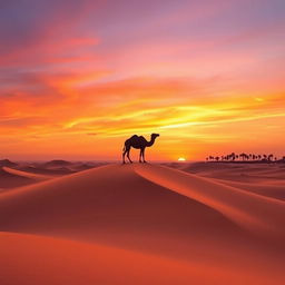 A serene desert landscape at dusk, featuring vibrant orange and purple hues in the sky, with large, rolling sand dunes in the foreground