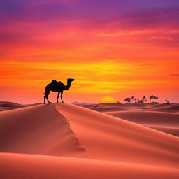A serene desert landscape at dusk, featuring vibrant orange and purple hues in the sky, with large, rolling sand dunes in the foreground