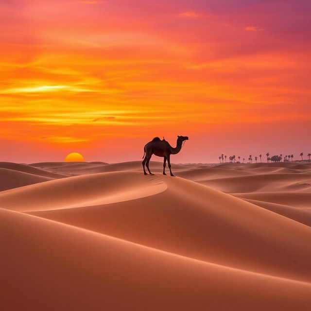 A serene desert landscape at dusk, featuring vibrant orange and purple hues in the sky, with large, rolling sand dunes in the foreground