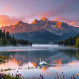 A serene landscape featuring a majestic mountain range at sunrise, with golden rays of sunlight illuminating the peaks