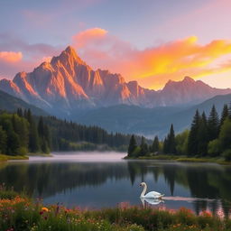 A serene landscape featuring a majestic mountain range at sunrise, with golden rays of sunlight illuminating the peaks