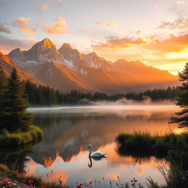 A serene landscape featuring a majestic mountain range at sunrise, with golden rays of sunlight illuminating the peaks