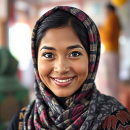 A 27-year-old woman with a short stature, a slightly round face, and captivating black eyes, dressed in a traditional hijab