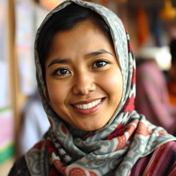 A 27-year-old woman with a short stature, a slightly round face, and captivating black eyes, dressed in a traditional hijab