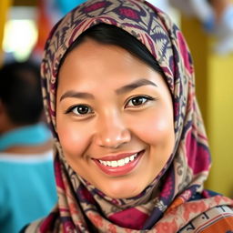 A 27-year-old woman with a short stature, a slightly round face, and captivating black eyes, dressed in a traditional hijab