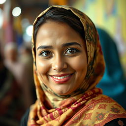 A 27-year-old woman with a short stature, a slightly round face, and captivating black eyes, dressed in a traditional hijab