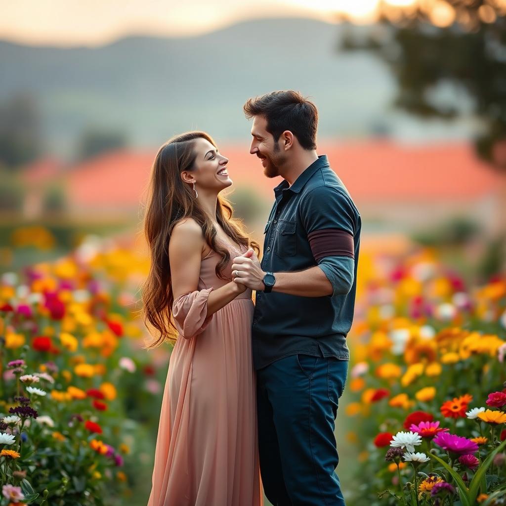 A romantic and intimate portrait of Antonela Roccuzzo and Lionel Messi, captured in a warm, soft glow setting