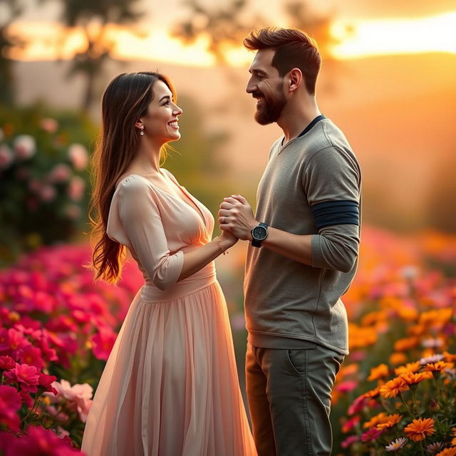 A romantic and intimate portrait of Antonela Roccuzzo and Lionel Messi, captured in a warm, soft glow setting