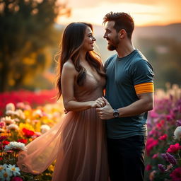 A romantic and intimate portrait of Antonela Roccuzzo and Lionel Messi, captured in a warm, soft glow setting